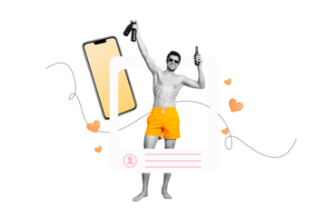 Composite artwork collage of app image frame blogger like profile summer vacation young man stand hand hold beer bottle rest phone display