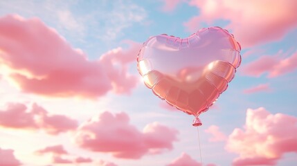 Fototapeta premium Radiant Pink Heart Balloon Ascending into a Dreamy Sky, Symbolizing Love and Joy in a Colorful World