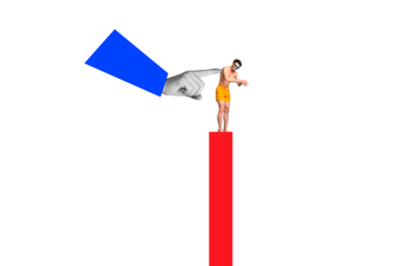 Collage artwork of funny happy crazy guy jump water sport diving arm touch isolated on creative painted background