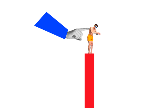 Collage artwork of funny happy crazy guy jump water sport diving arm touch isolated on creative painted background