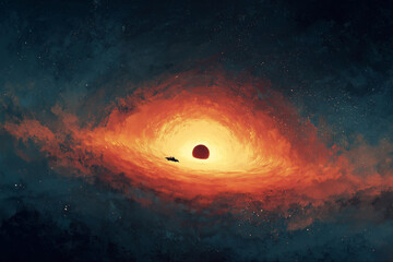 Spaceship sailing on the orbit of the black hole. Digital art.