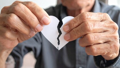 Fototapeta premium An older person tearing a paper heart. The broken heart symbolizes heartbreak, loss, and the end of a relationship