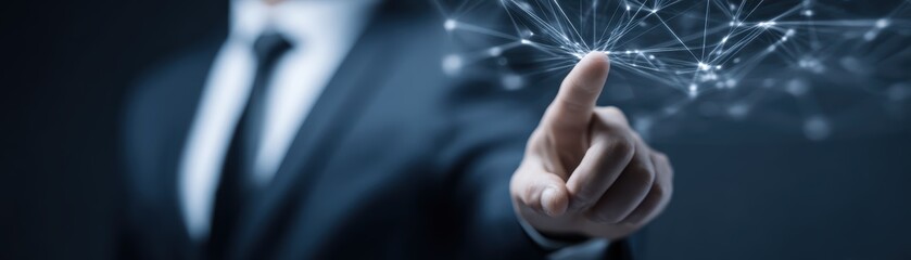 Professional businessman in suit interacting with digital network interface, futuristic technology concept, close-up of hand pointing at holographic data