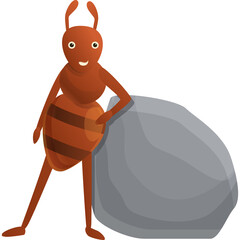 Cartoon Ant Character Leaning on a Gray Rock with a White Background and Transparent Area