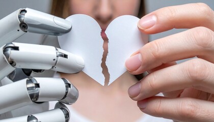 A robotic hand and a human hand tear a heart-shaped paper