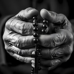 Close-up of aged hands holding rosary beads with deep wrinkles