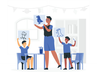 Teacher showing dinosaur drawings to children in a classroom vector illustration