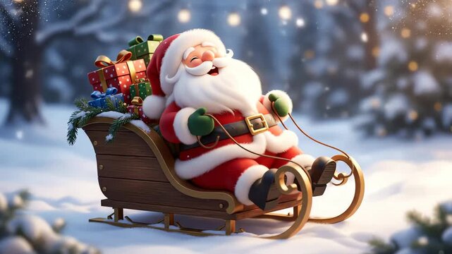 Santa Claus delivers gifts by sleigh through a snowy winter wonderland, spreading joy and holiday cheer for Christmas celebrations and festive fun