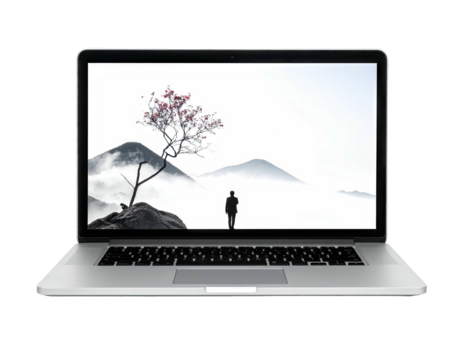 Laptop displays mountain scene with tree and small figure