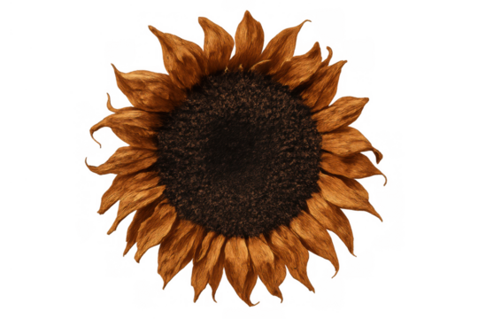 Dried sunflower head depicting natural autumn decay or a lifeless floral texture, with transparent background
