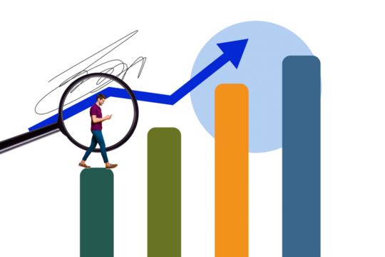 Composite artwork 3D collage trend template of charts analyzing target stats business magnifier glass young man walk type phone arrow up - Powered by Adobe