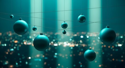 Festive teal christmas baubles hang in front of a blurred city skyline at night, creating a magical holiday atmosphere