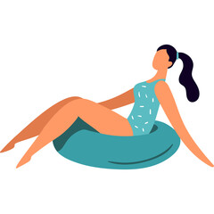 Illustration Of A Woman In A Teal Swimsuit Relaxing On An Inflatable Ring With A Solid Teal Band And Patterned Textile And Dark Blue Hair Ponytail With White Background