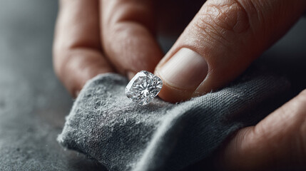 Captivating closeup showcases a sparkling gemstone on grey cloth, held with care. Symbolizes luxury, craftsmanship, investment. Ideal for jewelry ads, finance.