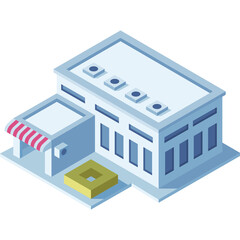 Isometric Pixel Art Representation of a Light Blue Commercial Building With Red Striped Awning and Yellow Square Feature on Transparent Background