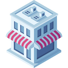 Isometric View of a Light Blue Commercial Building With Red and White Striped Awning and Large Windows on a Transparent Background