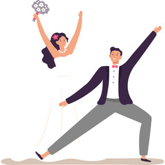 Joyful Bride and Groom Celebrating Wedding Day With Arms Raised High in Celebration Holding Bouquet of Flowers White Dress Black Suit Red Bow Tie Gray Pants on Transparent Background
