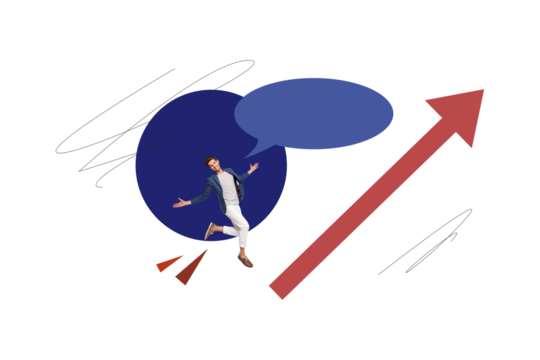 Composite photo collage of happy businessman run promotion concept arrow pointer up career promotion growth isolated on painted background