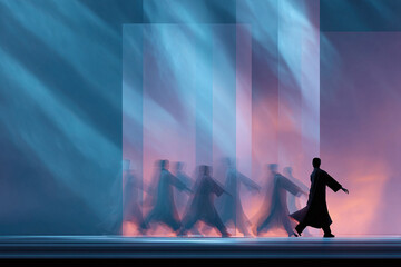 Fototapeta premium Abstract image of a person walking, with motion blur. Evokes themes of progress, ambition, and journey. Good for concepts relating to business, future, technology, and innovation.