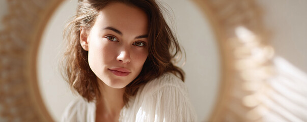 Serene portrait of a young woman bathed in soft light. Natural beauty and subtle charm. Ideal for wellness, beauty, skincare, and lifestyle content.