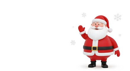 A cheerful Santa Claus waves hello amidst delicate snowflakes, spreading holiday joy to all.