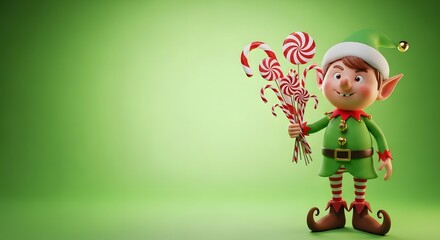 Fototapeta premium A cheerful elf stands tall, holding a delightful assortment of candy canes against a green backdrop.