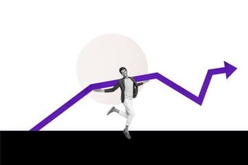 Creative picture collage young energetic happy man dream accomplishment positive statistics stock growth improvement inspiration