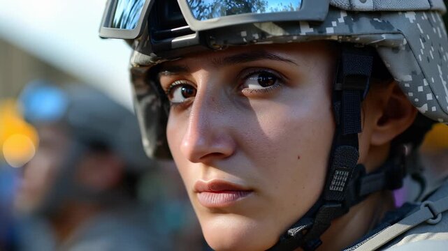 Determined female soldier wearing a combat helmet