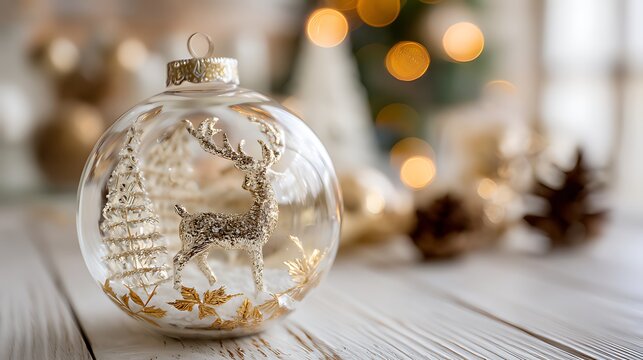 A delicate glass christmas ornament featuring a reindeer and winter scene