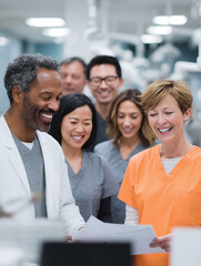 Fototapeta premium Diverse medical team reviewing documents, radiating positivity and collaboration. Represents healthcare excellence, teamwork, and professional development in a clinical setting.