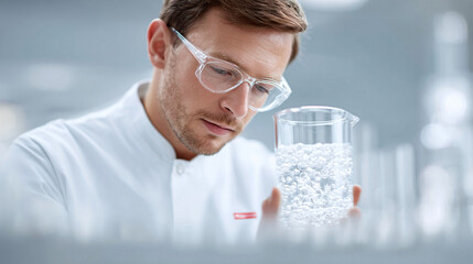 Focused scientist in lab coat analyzing a beaker filled with bubbling liquid. Could represent research, development, innovation, or scientific breakthrough.