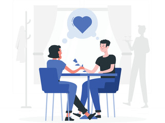 Couple on Romantic Date at Restaurant with Waiter Keywords: couple, date, romantic, restaurant, love, heart, flower, rose, dining, table, chairs, waiter, service, food, drink, glasses, interior