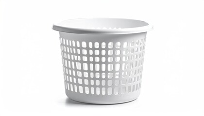 Round white plastic laundry basket on white