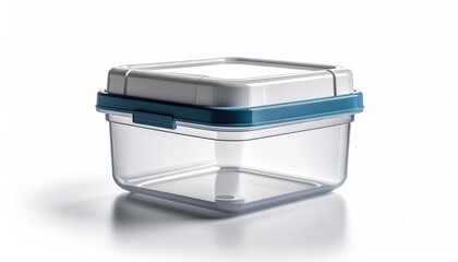 Clear plastic container with a white/blue lid, isolated