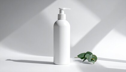 White pump bottle w/ eucalyptus, shadowed plain background
