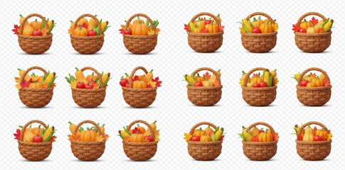 A grid of woven baskets filled with autumn harvest items like pumpkins, corn, and apples, creating a seasonal and bountiful display.