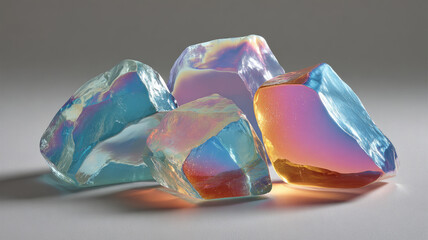 Colorful glass crystals with iridescent reflections.