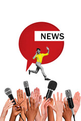 Vertical photo collage of happy guy celebrity run speak phone breaking news pile hands mic interview podcast isolated on painted background