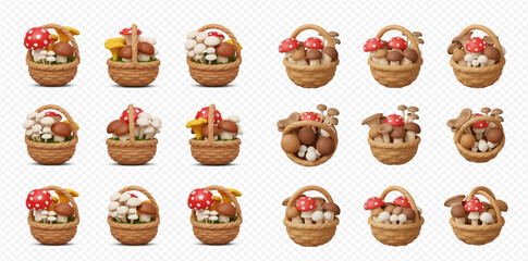 Collection of baskets filled with various types of mushrooms, including some with red caps, arranged on a transparent background.