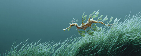 A leafy seadragon glides through kelp, showcasing marine biodiversity. Represents camouflage, beauty of nature, and underwater ecosystems. Ideal for conservation, science.