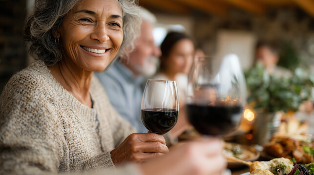 A woman is smiling and holding a glass of red wine - Powered by Adobe