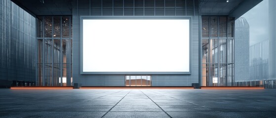 Modern torium stage with large blank screen in spacious contemporary conference hall with advanced lighting and architectural design