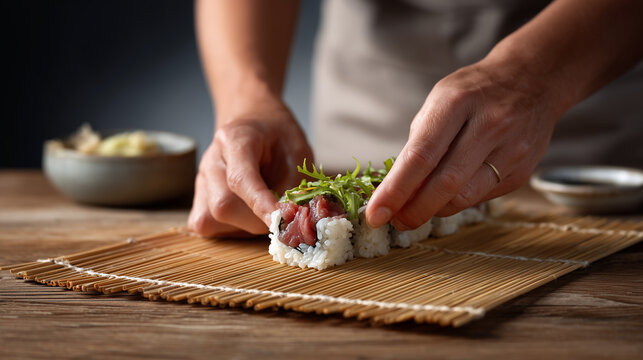 Skilled hands carefully rolling sushi with fresh ingredients in a traditional bamboo mat setting, showcasing culinary artistry and precision of sushi making