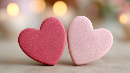 Two pink hearts on a soft, blurred background.