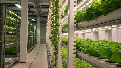 food security solutions Indoor vertical farm with rows of thriving leafy greens under bright artificial lights.