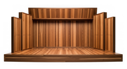 Empty wooden stage with open curtains isolated on transparent background
