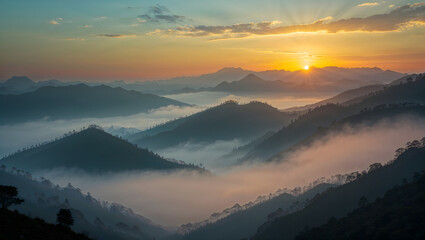 Fototapeta premium Mountain range at sunset, orange yellow sky sunbeams, foggy mist covering peaks and valleys, silhouetted mountains, peaceful serene landscape, inspiring natural beauty generative AI