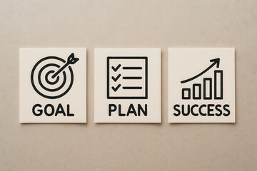 Goal plan success concept with target checklist and growth chart icons on beige background for business growth success motivation