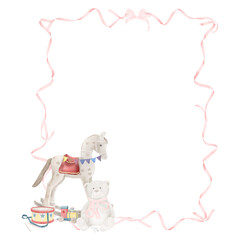 FFunny children's card with a rocking horse, teddy bear and children's toys. Watercolor illustration. Frame of ribbons, drum and train isolated on white background. Children's party theme, birthday
