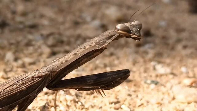 Extreme Close-up of Brown Praying Mantis Face and Forelegs on Sand Background
모래 배경의 갈색 사마귀 얼굴과 앞다리 극단적 클로즈업
